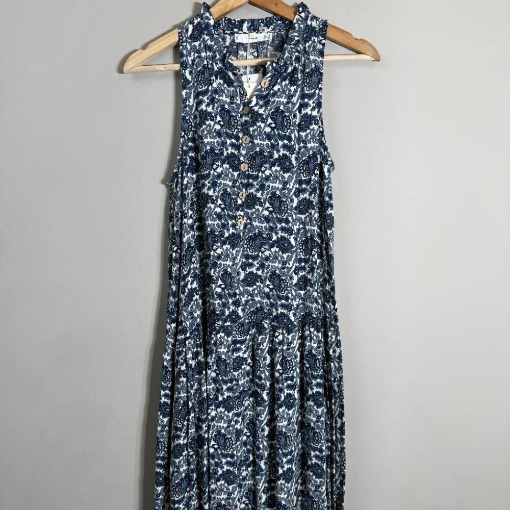 Mango Floral Paisley Print Button Up Tiered Maxi Dress Women's 2 Blue White NWT
